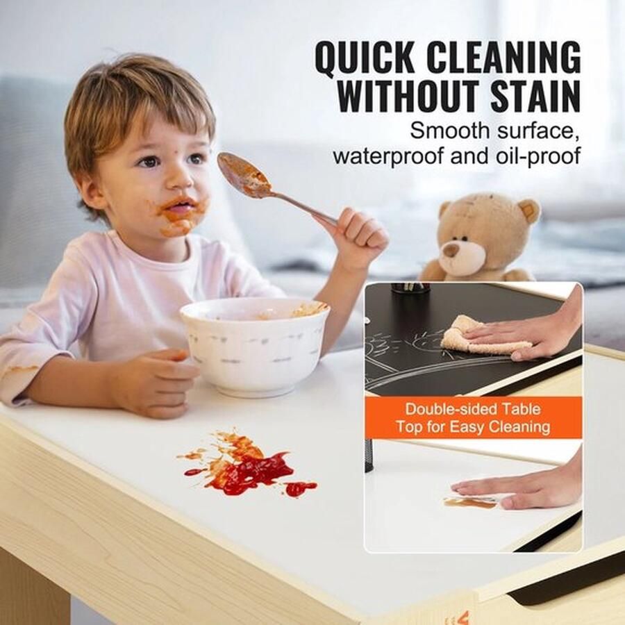 Mrs. Jones Houten kindertafel met 2 stoeltjes Kindermeubels Activiteitentafel met opbergruimte en dozen Speeltafel met krijtbord 610x610x483 mm Light Wood