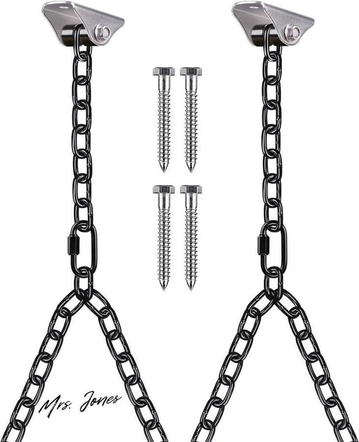 Mrs. Jones Houten plafondhanger 2 stuks schommelstoel hangschroef 180 graden draaibaar stille bus hardware karabijnhaak set 14 m zwart Y-ketting voor binnen en buiten speelplaats