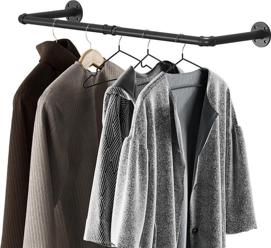 Mrs. Jones Industrieel pijpkledingrek Wandgemonteerd kledingrek ruimtebesparende kledingrail Rek 29 5 x 93 x 29 5 cm Verwijderbare multifunctionele hangstang 36 inch (zwart)