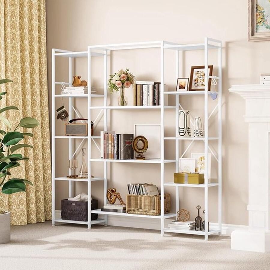 Mrs. Jones Industriële Boekenkast met 13 Planken Hout en Metaal Zuiver Wit Perfect voor Woonkamer en Thuiskantoor