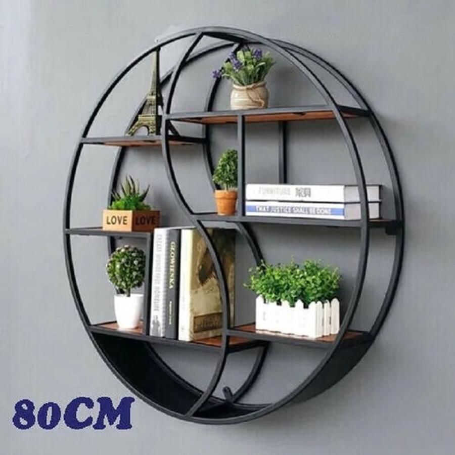 Mrs. Jones Industriële Metalen Wandgemonteerde Grote Ronde Houten Plank 80Cm Voor Badkamer Keuken Woonkamer Kantoor Industriële Stijl Display Zwart bruin