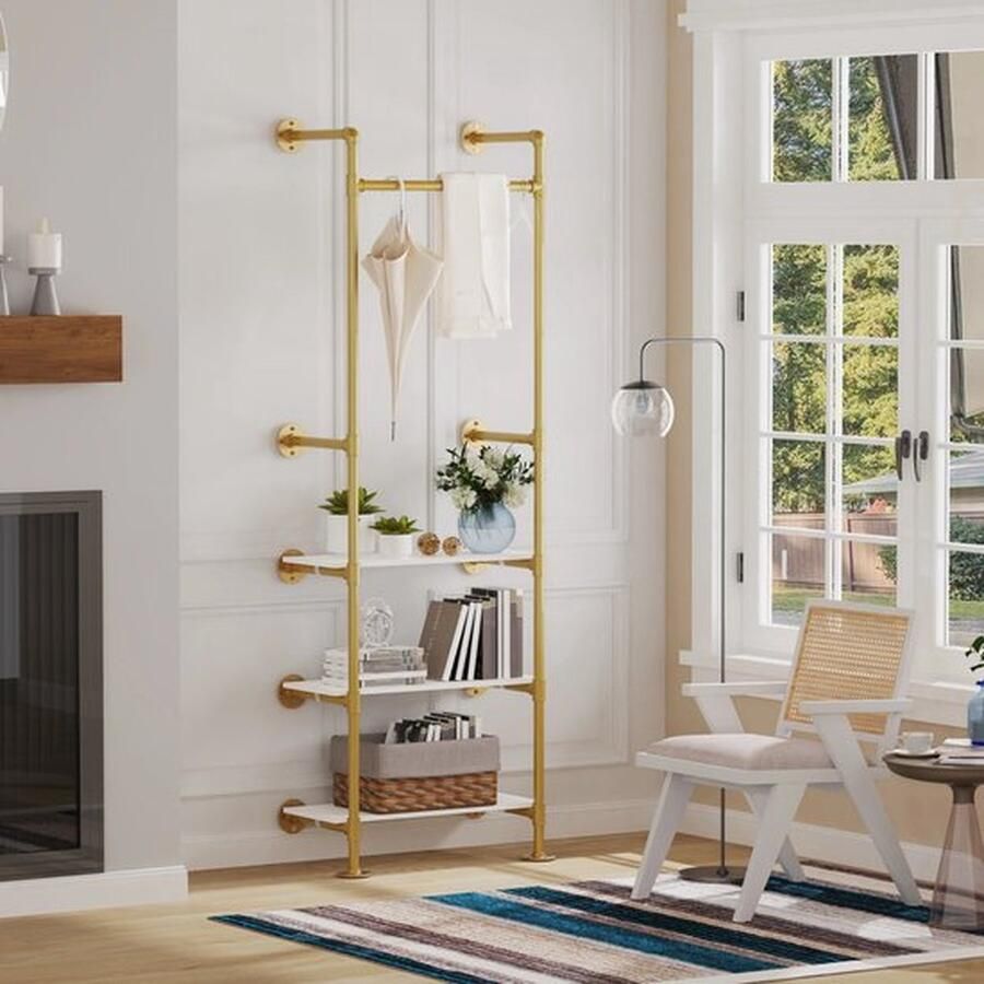 Mrs. Jones Industriële Pijp Kledingrek met Houten Legplanken – Rek Vintage Wandrek met Pijpleiding Gouden Afwerking 178 cm Hoog