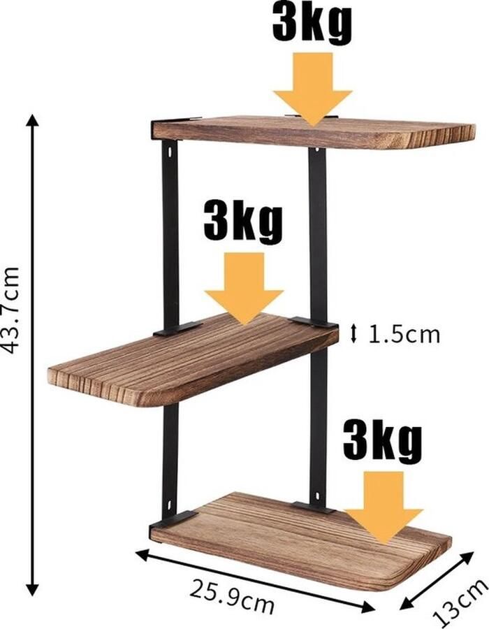 Mrs. Jones Industriële Wandplank Hoekplanken Wandrek 3-Laags Meerdere Manieren Te Monteren 13x26x44cm Hout Metaal Zwart