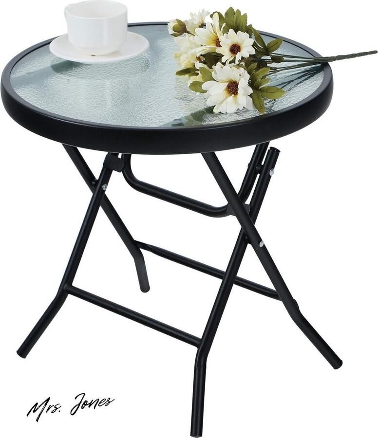 Mrs. Jones Inklapbare ronde bijzettafel van glas metaal tuintafel koffietafel kleine balkontafel weerbestendig onderhoudsarm voor balkon tuin terras en woonkamer