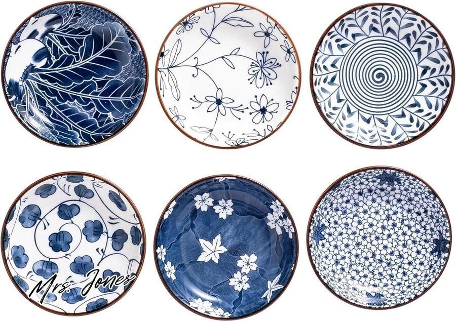 Mrs. Jones Japanse stijl keramische dompelkommen 4 inch bijgerechten saus gerechten voor sushi saus snack en soja 3 oz blauw en wit snuifkommen voor keuken Prep set van 6