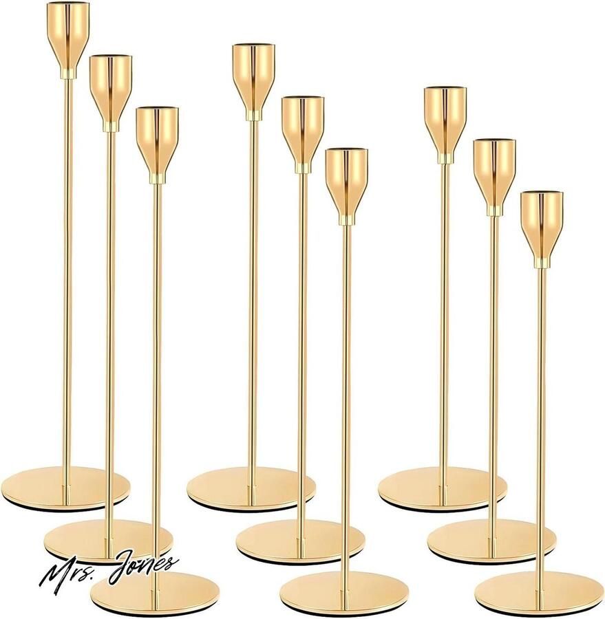 Mrs. Jones Kandelaar 9 set nieuwe kandelaars bruiloft kaars stand hoge kandelaar kegelkaarsenhouder voor feest bruiloft decoratie tafel verjaardag diner kandelaars vintage decoratie goud