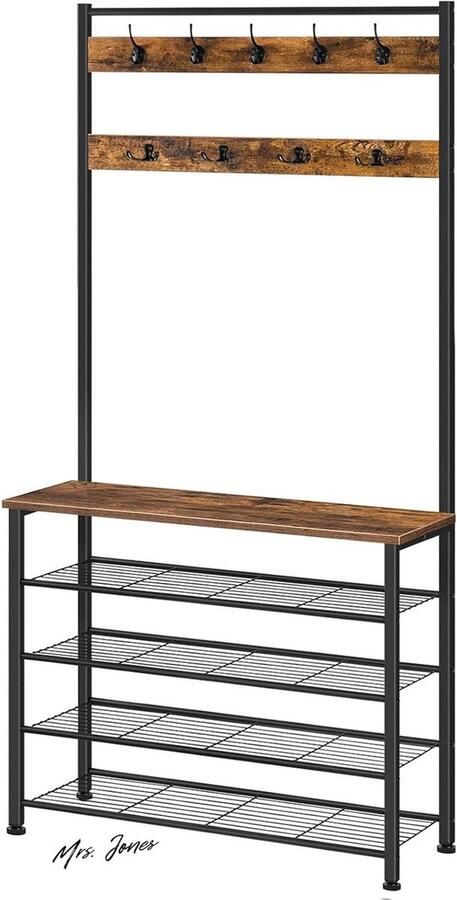 Mrs. Jones Premium Collection Kapstok kledingstandaard Garderobe Schoenenrek 5 niveaus Industrieel Donkerbruin Zwart