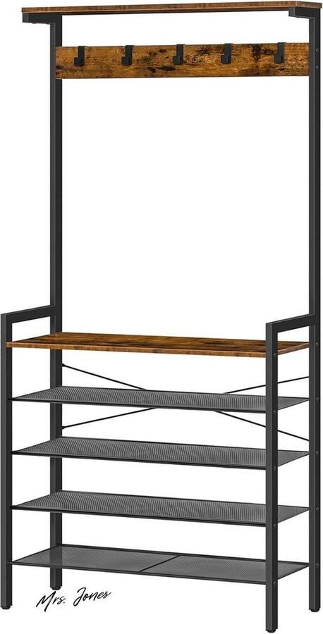 Mrs. Jones Premium Collection Kapstok met schoenopslag Industrieel Grote hal standaard 5 verwijderbare haken Houten accent Donkerbruin-zwart