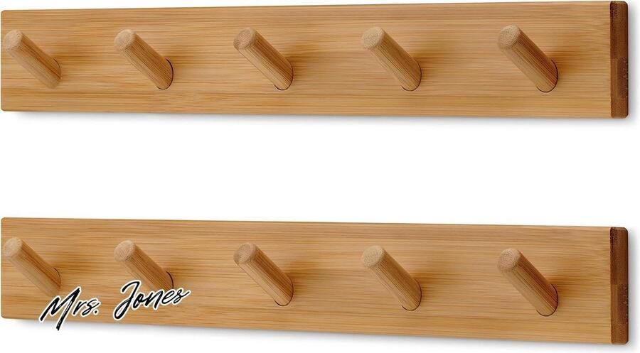 Mrs. Jones Kapstok Muur (2 st.) Wandkapstok Hout met 5 Haken 43 cm Kapstok voor Hal en Slaapkamer
