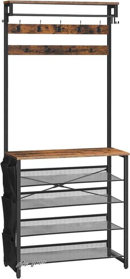 Mrs. Jones Kapstok schoenenrek en kledingrek met 5 niveaus zijzak verstelbaar gaasplank donkerbruin zwart EBF75MT01