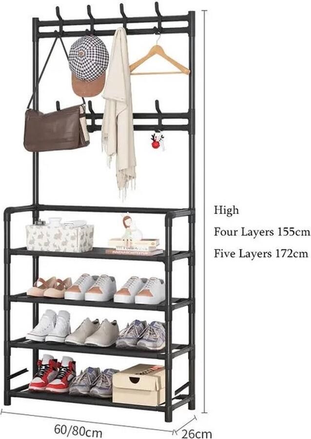 Mrs. Jones Kapstok Schoenenrek Opbergplank Multi Opslagruimte Metaal 60x25x169 Zwart