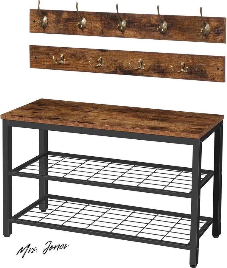 Mrs. Jones Kapstok Schoenenrek Set Garderobe Zitting 9 Haken Bankje 2 Rasterplanken Ruimtebesparend Entryway Hal Industrieel EBF07MT01