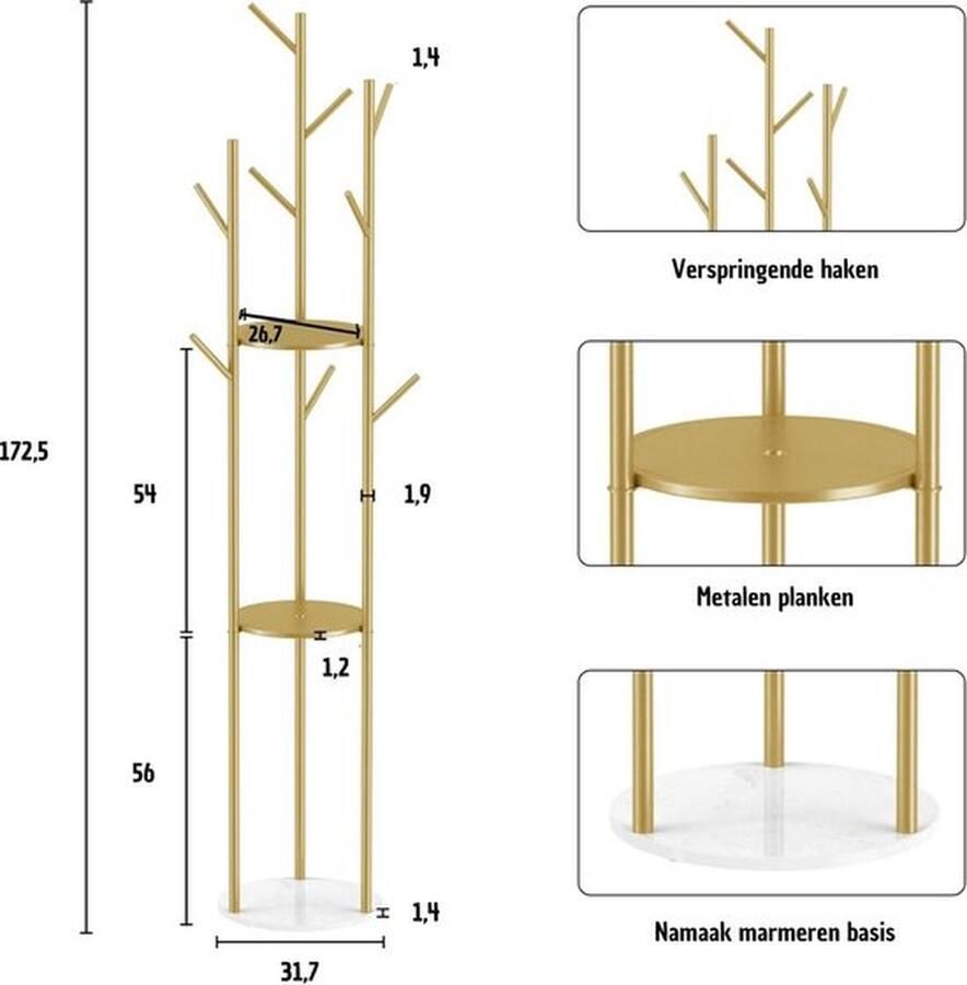 Mrs. Jones Kapstok Staand 3 Opslag Planken 9 Haken Jassen Tassen Hoeden Marmer Goud 31.7x172.5cm