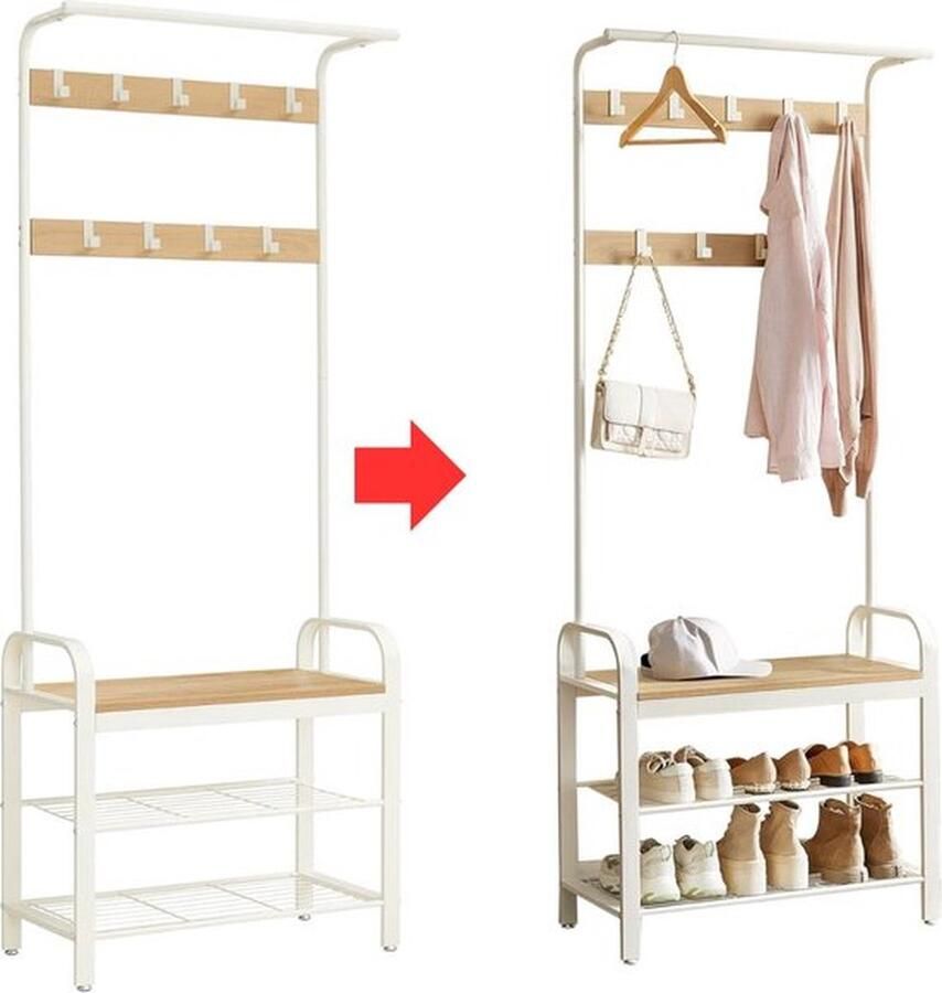 Mrs. Jones Kapstok Staand met Schoenenrek Gardaroberek Hout Industrieel Wit