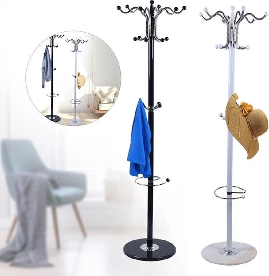 Mrs. Jones Kapstok Staande kapstok Wit Rond Metalen kapstok Marmeren voet 16 haken Met hoedjes standaard Tassen Paraplu's