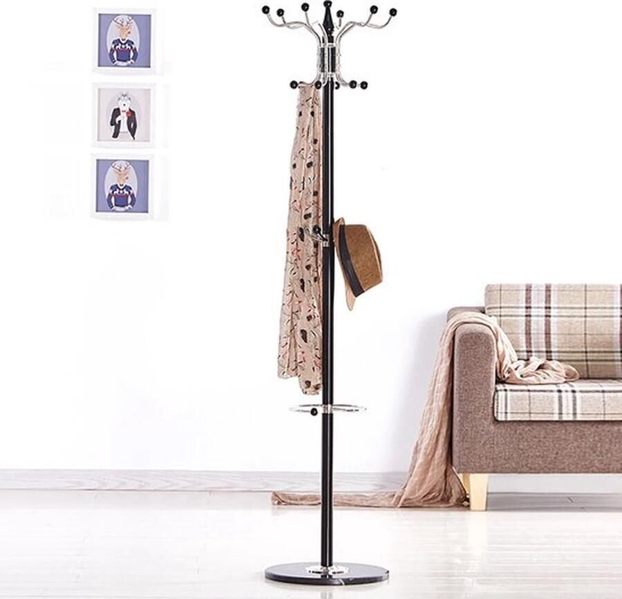 Mrs. Jones Kapstok Staande kapstok Zwart Rond Metalen kapstok Marmeren voet 16 haken Met hoedjes standaard Tassen Paraplu's