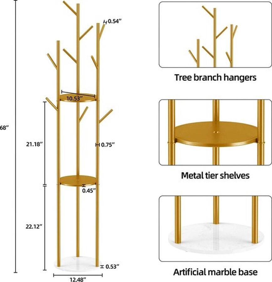 Mrs. Jones Kapstok standaard Kledingrek staand Metaal Goud met marmer 172.5 cm hoog