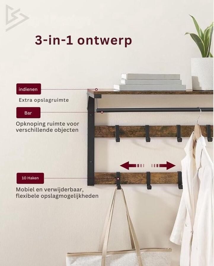 Mrs. Jones Kapstok Wandkapstok met Hoedenplank Kapstok Hangend met Plank Gardaroberek Hout Industrieel Donker Bruin