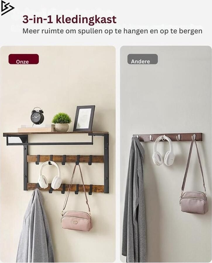 Mrs. Jones Kapstok Wandkapstok met Hoedenplank Kapstok Hangend met Plank Gardaroberek Hout Industrieel Bruin