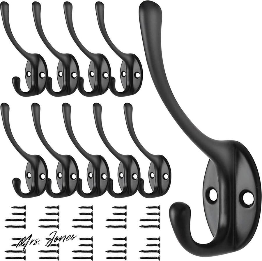 Mrs. Jones Kapstok zwart vintage antieke hoed wandmontage haak zware dubbele kapstok met 40 schroeven voor badkamer slaapkamer montage kamer 10 stuks matte afwerking