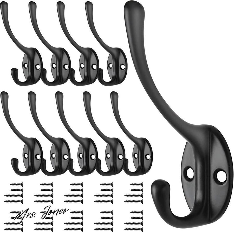 Mrs. Jones Kapstok Zwart Vintage Antieke Hoed Wandmontage Zware Dubbele Kapstok 10 Stuks Matte Afwerking Badkamer Slaapkamer Montage Kamer Dubbele Kapstok met 40 Schroeven