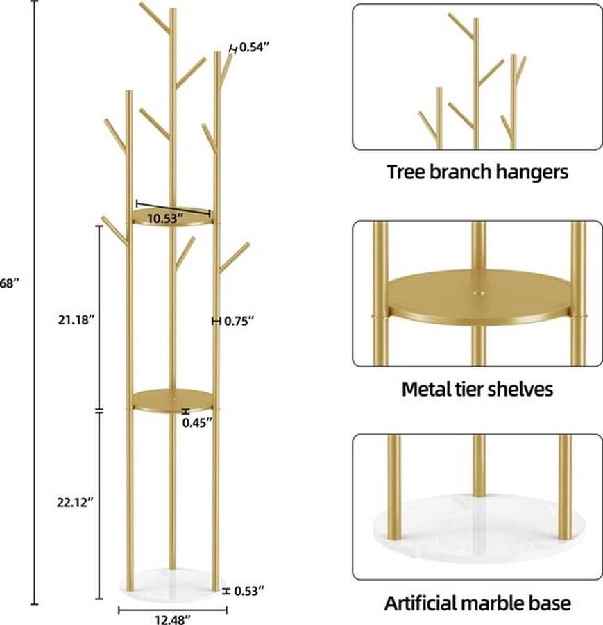 Mrs. Jones Kapstokken Kapstok staand Garderoberek Goud met marmer 172.5 cm hoog