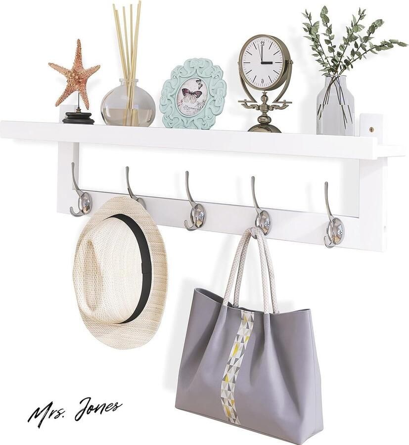 Mrs. Jones Kapstokken met Plank Wandmontage 74 cm Entree Kapstok voor Muur Bamboe Hangende Plank met 5 Dubbele Metalen Haken voor Badkamer Slaapkamer Keuken Woonkamer Mudroom (Wit)