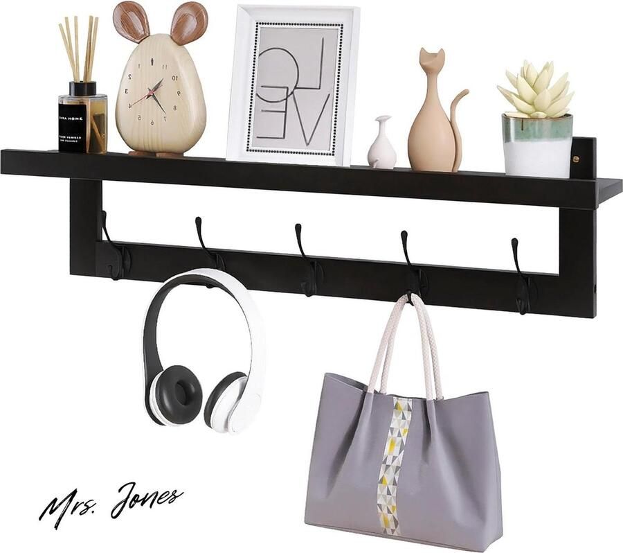 Mrs. Jones Kapstokken met Plank Wandmontage 74 cm Hal Kapstok voor Muur Bamboe Hangende Plank met 5 Dubbele Metalen Haken voor Badkamer Slaapkamer Keuken Woonkamer Mudroom Wandkapstok Zwart
