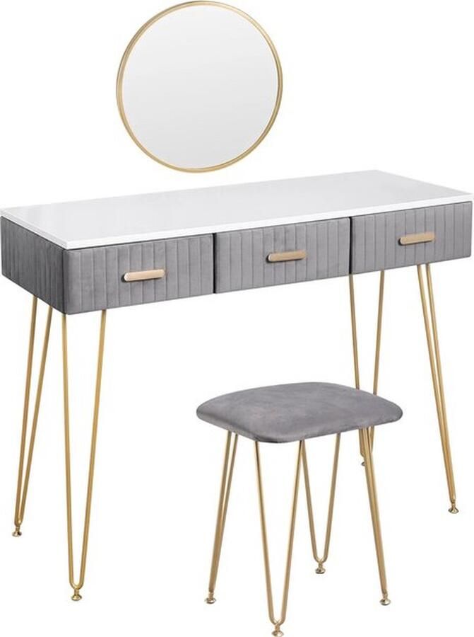 Mrs. Jones Kaptafel Bureau Met Spiegel Met Laden 3 Laden Met Kruk Goud Grijs Slaapkamer Hal Make-uptafel