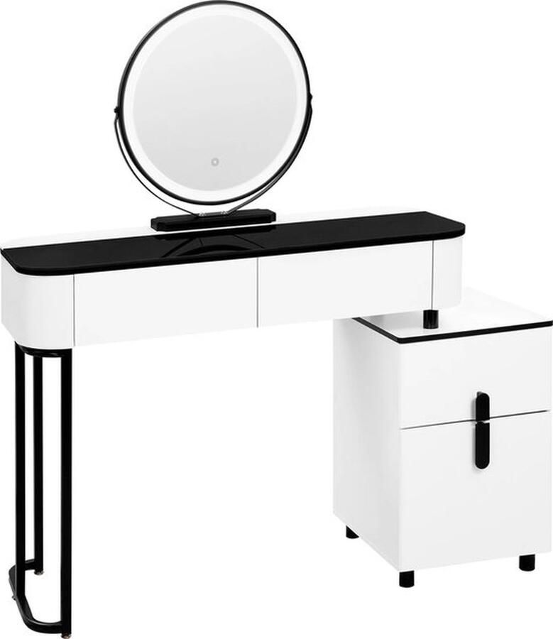 Mrs. Jones Kaptafel Make up Tafel Toilettafel Ronde spiegel met LED verlichting Veel opbergruimte Zwart en Wit Lades Kastjes 100cm Oppervlak Meisjes Vrouwen Meerdere opstellingen mogelijk