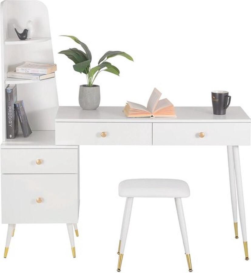 Mrs. Jones Kaptafel met kruk en spiegel 4 Laden Hoekkast Grote Make-Up Tafel Cosmetische Tafel Slaapkamer Badkamer Inloopkast Kleedkamer Hal Wit met goud