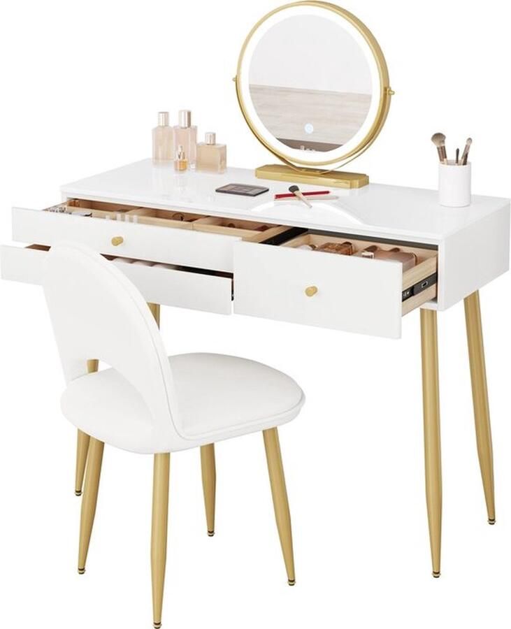 Mrs. Jones Kaptafel Met Spiegel en Verlichting Make-up tafel Kaptafel met drie Lades Fluwelen Kruk Bureau Dressoirs Witgoud 100x40x122 cm