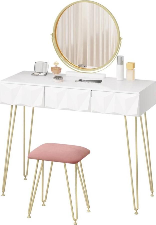 Mrs. Jones Kaptafel Spiegel En Kruk Inbegrepen 3 Lades Make-Up Tafel Modern Fluweel MDF Wit Goud Roze 100x40x79 Cm