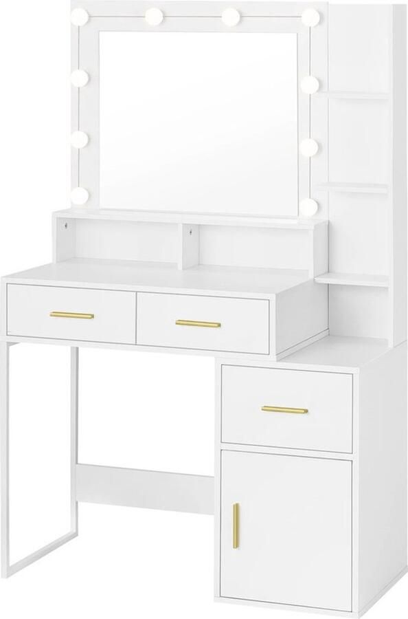 Mrs. Jones Kaptafel Toilettafel Wit Led Verlichting Spiegel Modern Cosmetica Hout Make-Up 90X143X39.5Cm