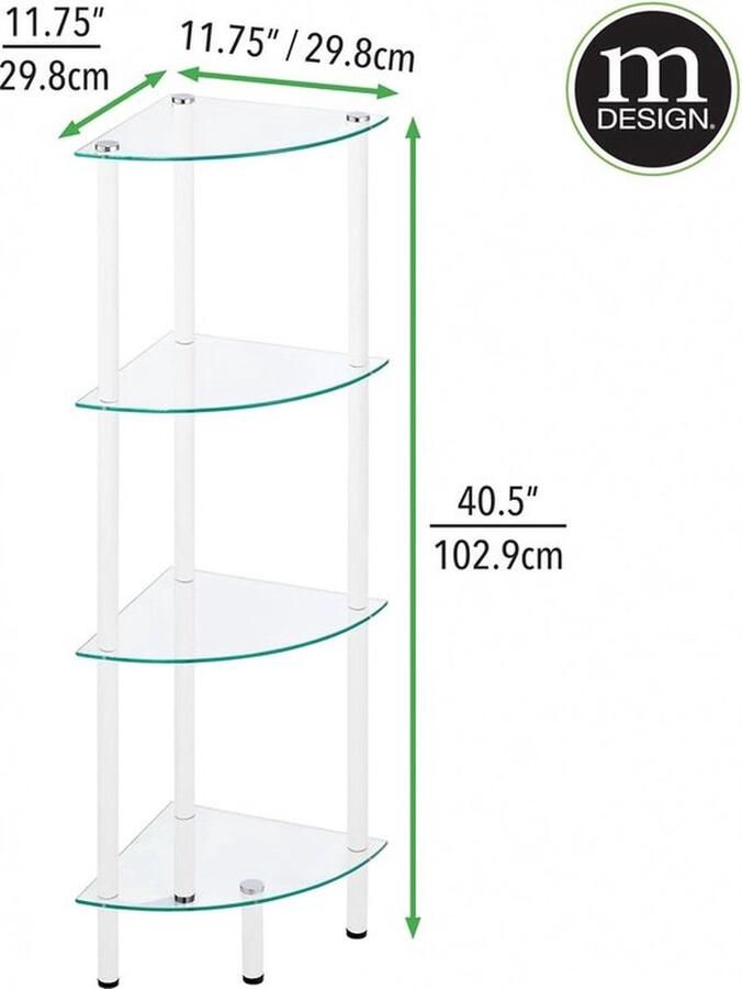 Mrs. Jones kast met 4 glazen planken – hoekkast van metaal en glas – vitrinekast voor de woonkamer of het kantoor – wit transparant