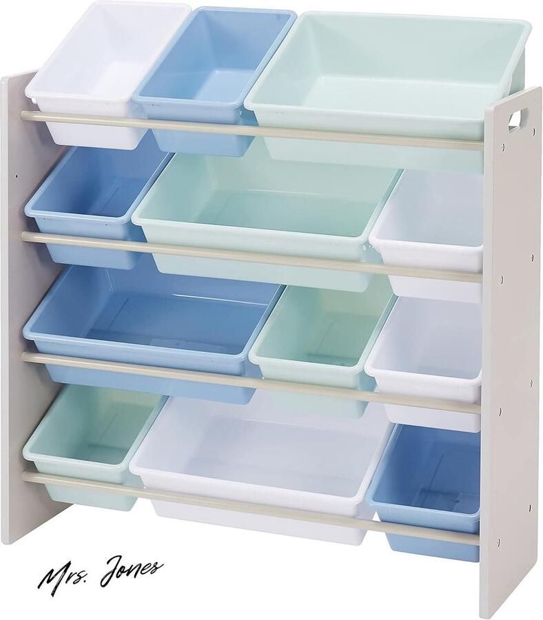 Mrs. Jones Kast-organizer opslag kinderspeelgoed 4 plankjes 12 plastic bakjes grijs hout blauwe bakjes 277 x 853 x 790 cm (D x B x H)