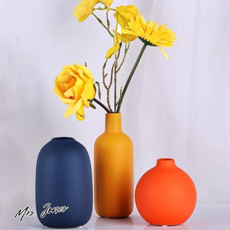 Mrs. Jones Keramische vaas set van 3 kleine bloemenvazen voor rustieke woondecoratie moderne boerderijdecoratie woonkamerdecoratie plankdecoratie tafel boekenplank schoorsteenmantel en ingangsdecoratie