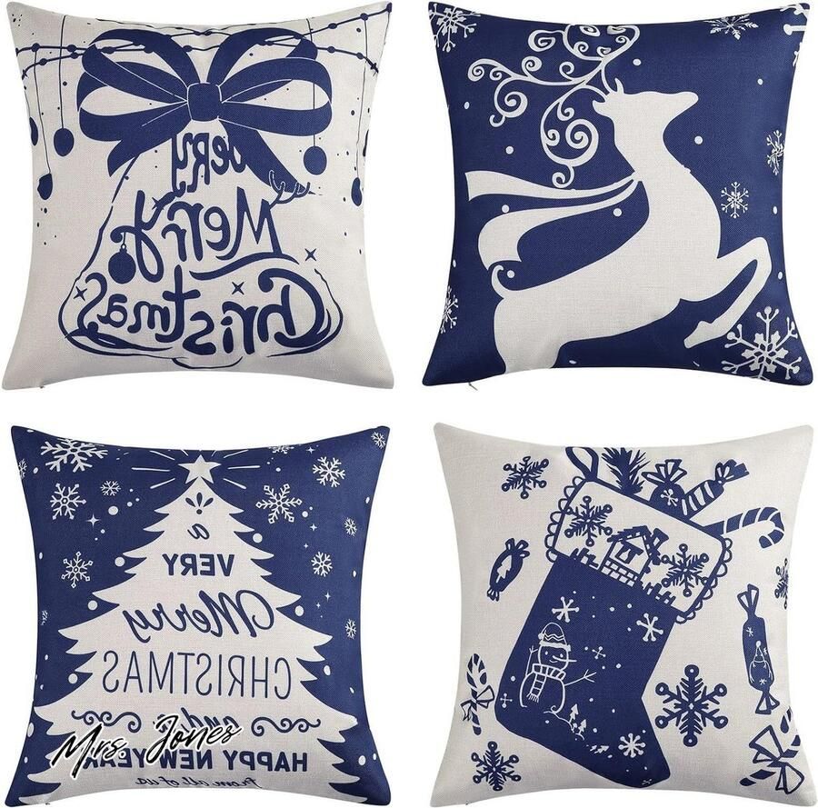 Mrs. Jones Kerst sierkussenslopen 45 x 45 cm blauwe katoenen linnen sierkussens set van 4 sneeuwvlok kerstboom kussenslopen voor bank woondecoratie 45 x 45 cm 4 stuks