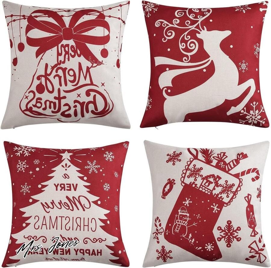 Mrs. Jones Kerstkussenslopen 4-pack rode sierkussenhoezen 45 x 45 cm Kerst Winter Kussen Decoratieve Kussensloop voor Woonkamer Sofa Stoel Thuiskantoor Shop Decor Cadeau voor Familie