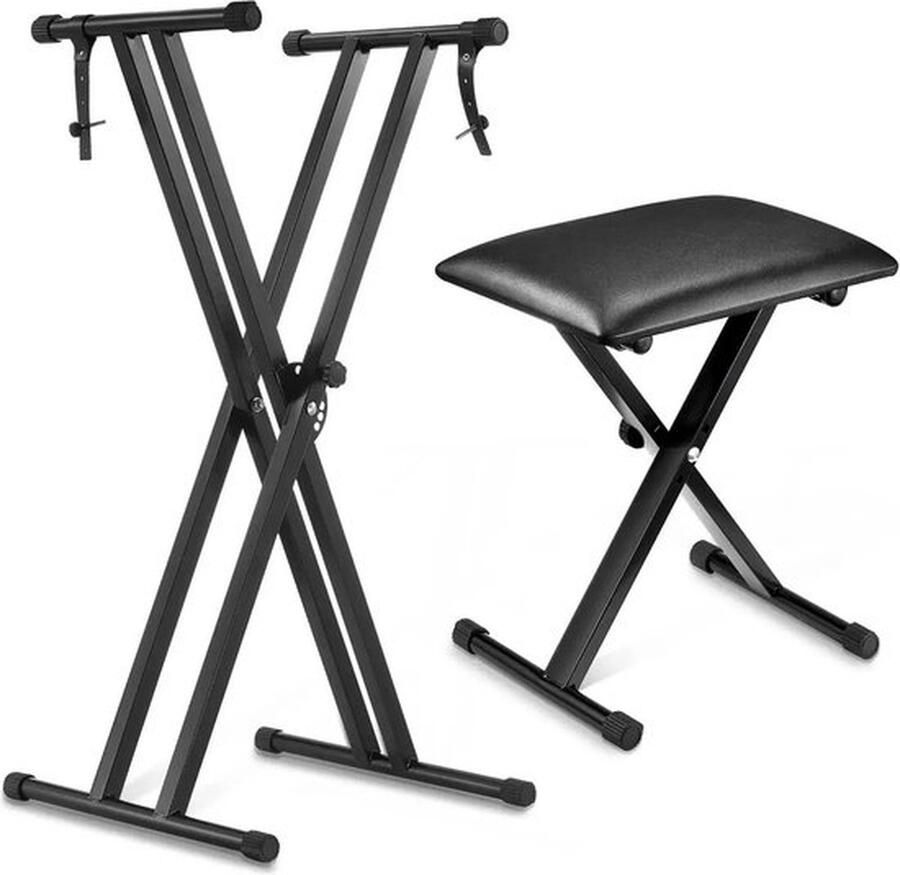 Mrs. Jones Keyboard standaard X-Frame Verstelbaar in 5 Posities 61-99 cm Met Antislip Voeten Inclusief Opvouwbaar Krukje
