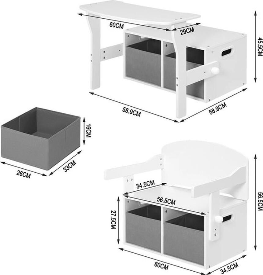 Mrs. Jones Kinder bureau Speel tafel Activiteiten tafel Multifunctioneel Bankje Tafel en Opslag in 1 Inclusief 2 opberg boxen MPF Hout Wit 60 x 45.2 x 55.7 cm