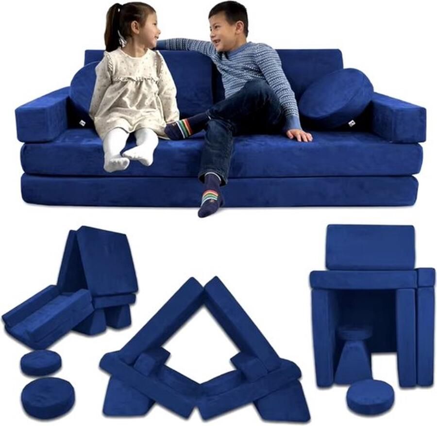 Mrs. Jones Kinderbank Kinderzetel Modulaire bank Speelbank Kinderspeelbank Hutten bouwen Wasbaar Schuimkussen 143x45x70cm Blauw