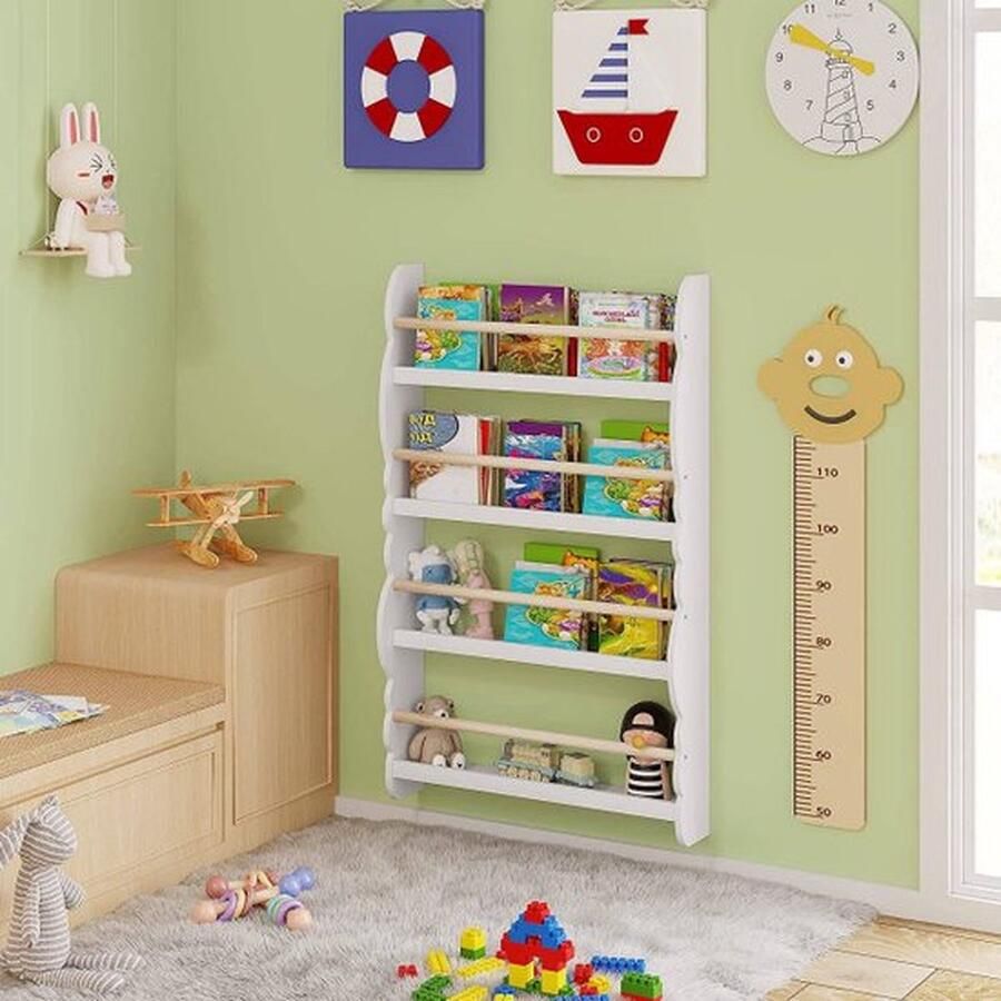 Mrs. Jones Kinderboekenrek Kinderboeken Plank Wandplank Kinderkamer Modern en Ruimte Besparend 4 Lagen B60.5xH98xD14.5CM MDF Grenen Wit