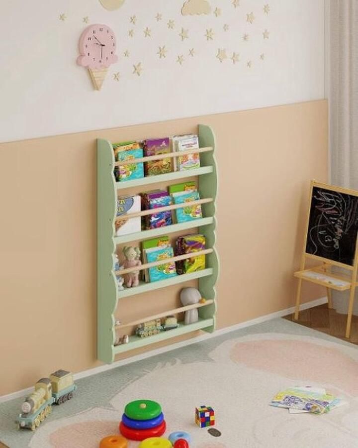Mrs. Jones Kinderboekenrek Kinderboeken Plank Wandplank Kinderkamer Modern en Ruimte Besparend 4 Lagen B60.5xH98xD14.5CM MDF Grenen Groen