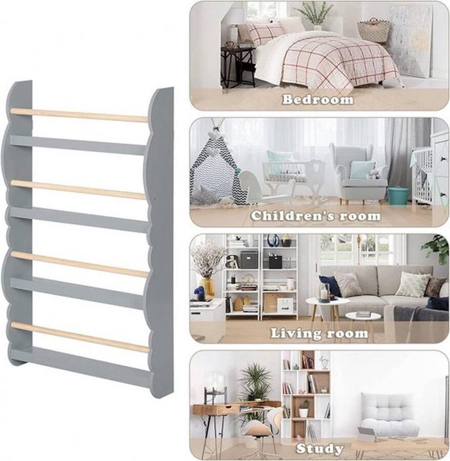 Mrs. Jones Kinderboekenrek Kinderboeken Plank Wandplank Kinderkamer Modern en Ruimte Besparend 4 Lagen B60.5xH98xD14.5CM MDF Grenen Grijs