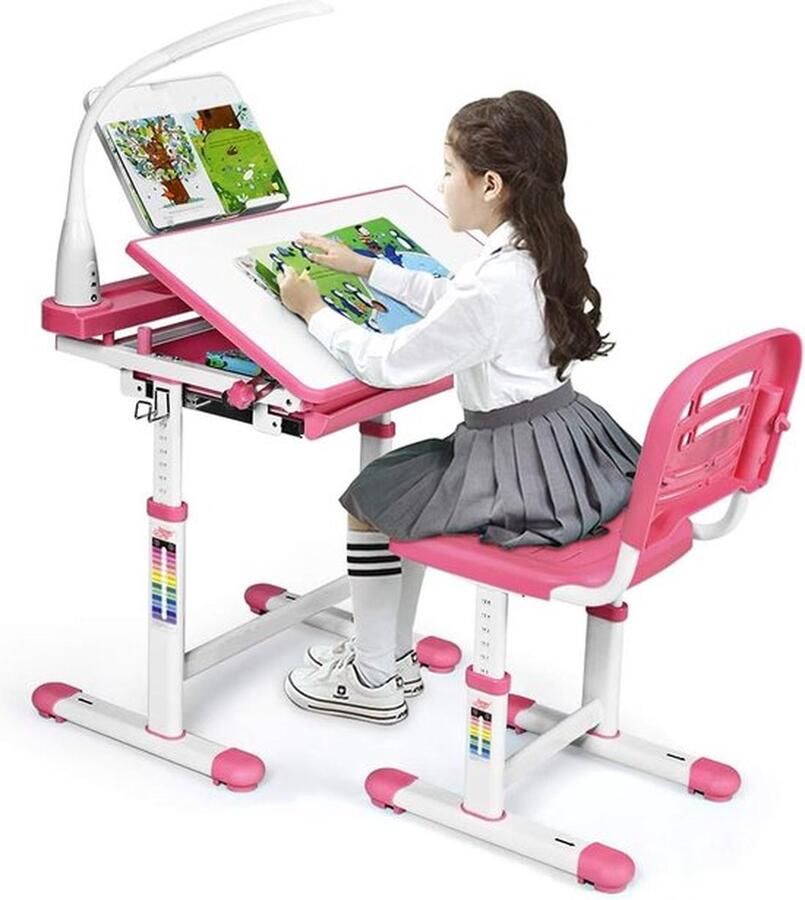 Mrs. Jones kinderbureau-set bureau in hoogte verstelbaar scholierenbureau met lamp kindermeubilair kantelbaar kindertafel met stoel werktafel met lade kleurkeuze (roze)