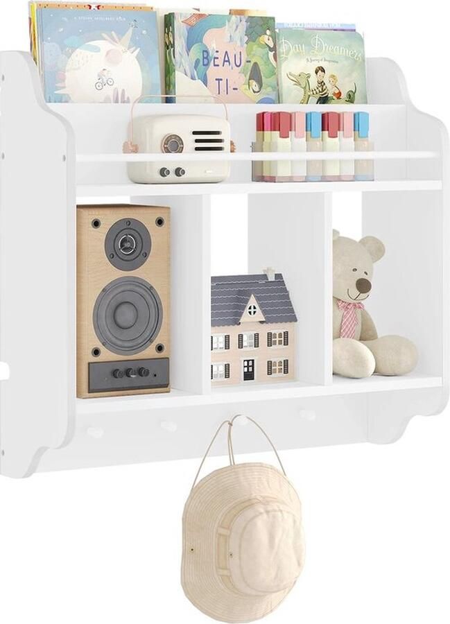 Mrs. Jones Kinderkamer Kinderboekenrek Wandrek Wit 60 x 57 x 20 cm Kinderboeken Wandrek kinderkamer Hout Wandrek Wand Plank Kinder Kapstok Hout Kinderkapstok Kinderkamer Decoratie Houtkapstok
