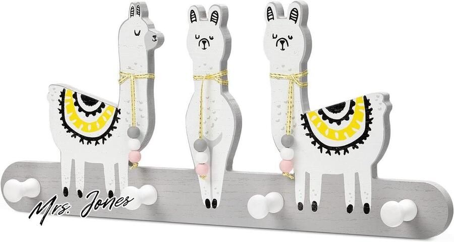 Mrs. Jones Kinderkapstok voor aan de muur Kapstok met 4 haken voor de kinderkamer Voor jongens en meisjes Houten wandhaakjes Alpaca's