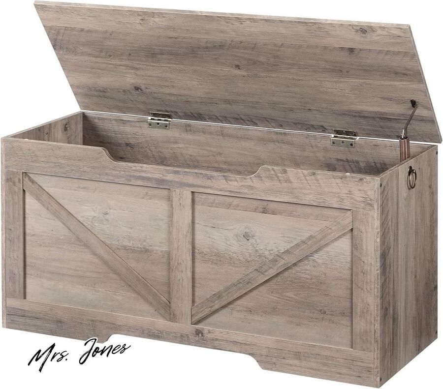 Mrs. Jones Kistbank met deksel zitbank met opbergruimte speelgoedkist 100 cm opbergdoos 2 ringen robuust voor kinderen robuust voor hal en woonkamer Grège EBG771CW01