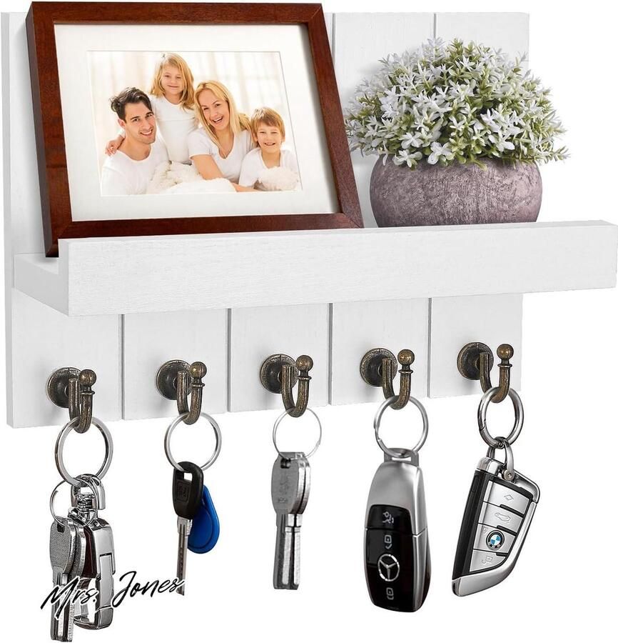 Mrs. Jones Kldgris Sleutelrek plank houten sleutelrek decoratief wandrek 5 sleutelhaken ingang hal slaapkamer woonkamer wit